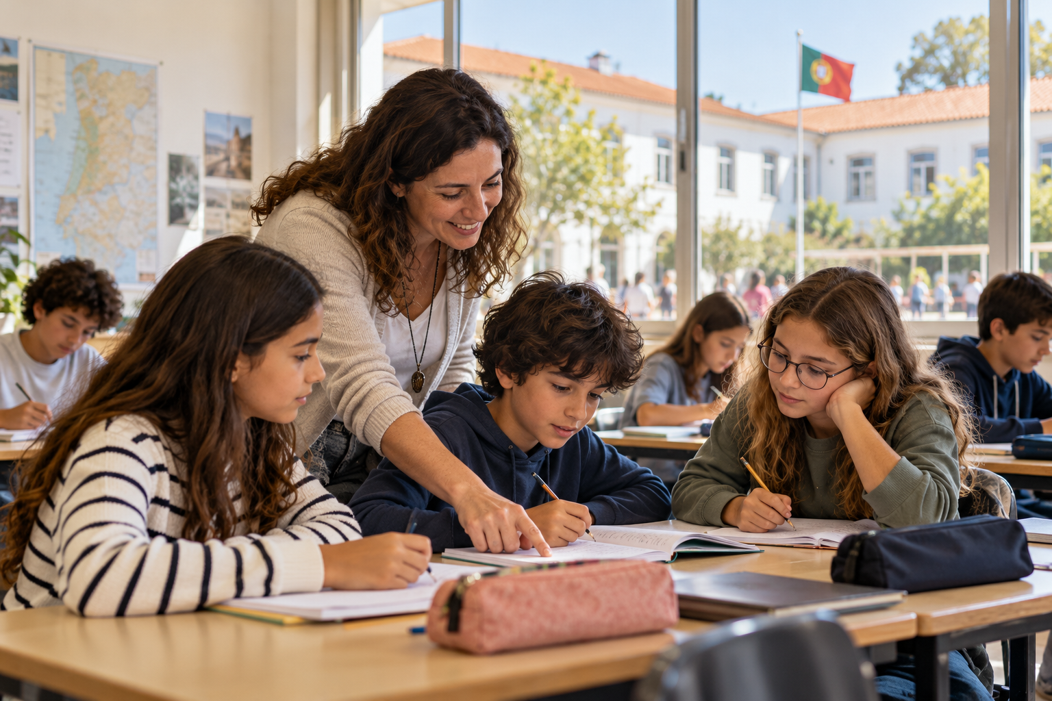 Lehrerin hilft Kindern beim Lernen in einem Klassenzimmer, im Hintergrund weht die portugiesische Flagge.